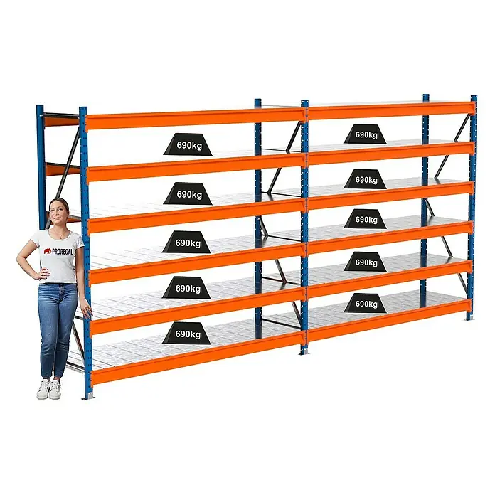 Proregal Schwerlastregal Industrie Weitspannregal MAXIMUS Pro - H x B x T: 200 x 410 x 60 cm, Traglast pro Boden: 690 kg, Anzahl Böden: 6 Stk., Stecken, Blau/Orange