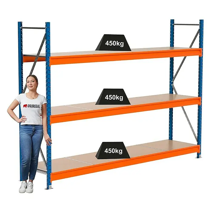 Proregal Schwerlastregal Industrie Weitspannregal MAXIMUS Pro - H x B x T: 200 x 285 x 60 cm, Traglast pro Boden: 450 kg, Anzahl Böden: 3 Stk., Stecken, Blau/Orange