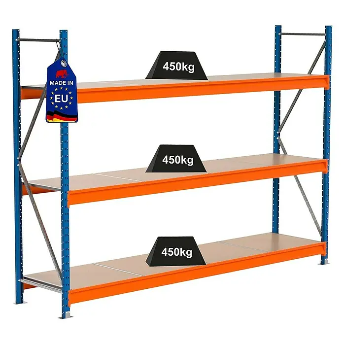 Proregal Schwerlastregal Industrie Weitspannregal MAXIMUS Pro - H x B x T: 200 x 285 x 60 cm, Traglast pro Boden: 450 kg, Anzahl Böden: 3 Stk., Stecken, Blau/Orange