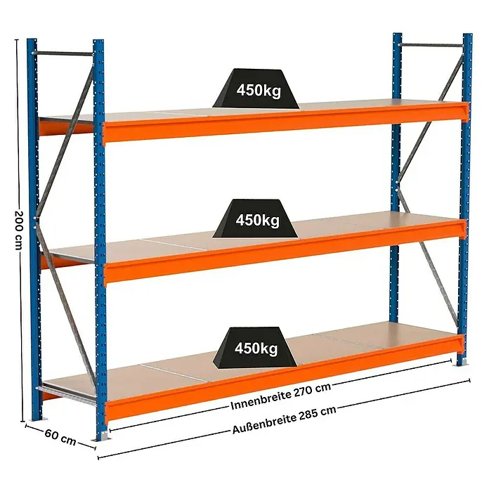 Proregal Schwerlastregal Industrie Weitspannregal MAXIMUS Pro - H x B x T: 200 x 285 x 60 cm, Traglast pro Boden: 450 kg, Anzahl Böden: 3 Stk., Stecken, Blau/Orange