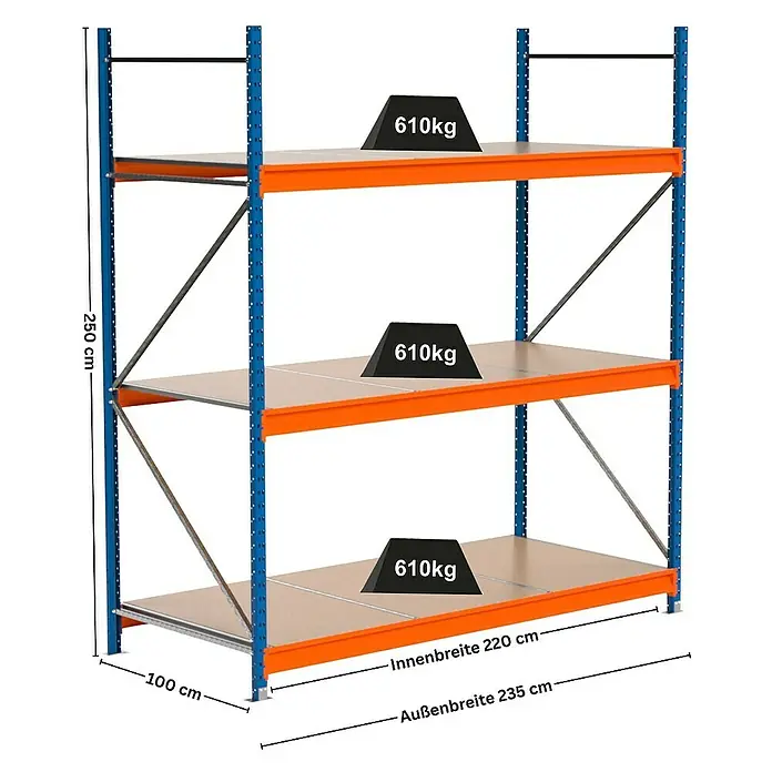 Proregal Schwerlastregal Industrie Weitspannregal MAXIMUS Pro - H x B x T: 250 x 235 x 100 cm, Traglast pro Boden: 610 kg, Anzahl Böden: 3 Stk., Stecken, Blau/Orange