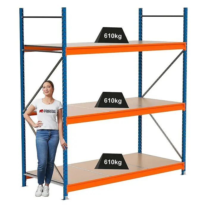 Proregal Schwerlastregal Industrie Weitspannregal MAXIMUS Pro - H x B x T: 250 x 235 x 100 cm, Traglast pro Boden: 610 kg, Anzahl Böden: 3 Stk., Stecken, Blau/Orange