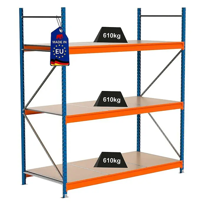 Proregal Schwerlastregal Industrie Weitspannregal MAXIMUS Pro - H x B x T: 250 x 235 x 100 cm, Traglast pro Boden: 610 kg, Anzahl Böden: 3 Stk., Stecken, Blau/Orange