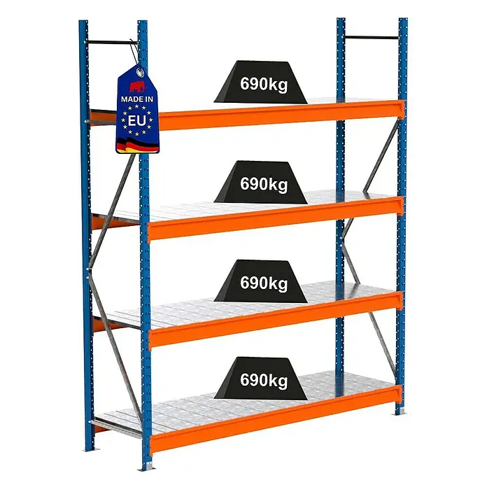 Proregal Schwerlastregal Industrie Weitspannregal MAXIMUS Pro - H x B x T: 250 x 210 x 60 cm, Traglast pro Boden: 690 kg, Anzahl Böden: 4 Stk., Stecken, Blau/Orange