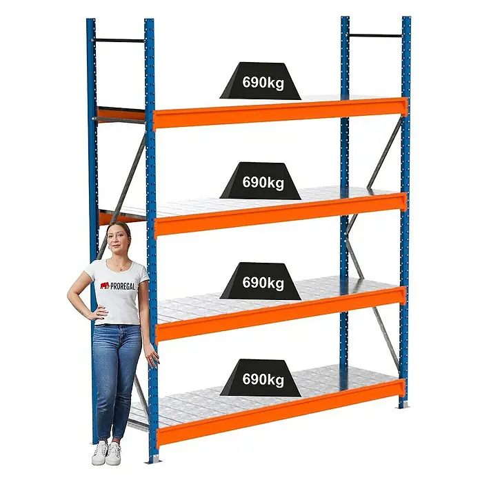 Proregal Schwerlastregal Industrie Weitspannregal MAXIMUS Pro - H x B x T: 250 x 210 x 60 cm, Traglast pro Boden: 690 kg, Anzahl Böden: 4 Stk., Stecken, Blau/Orange