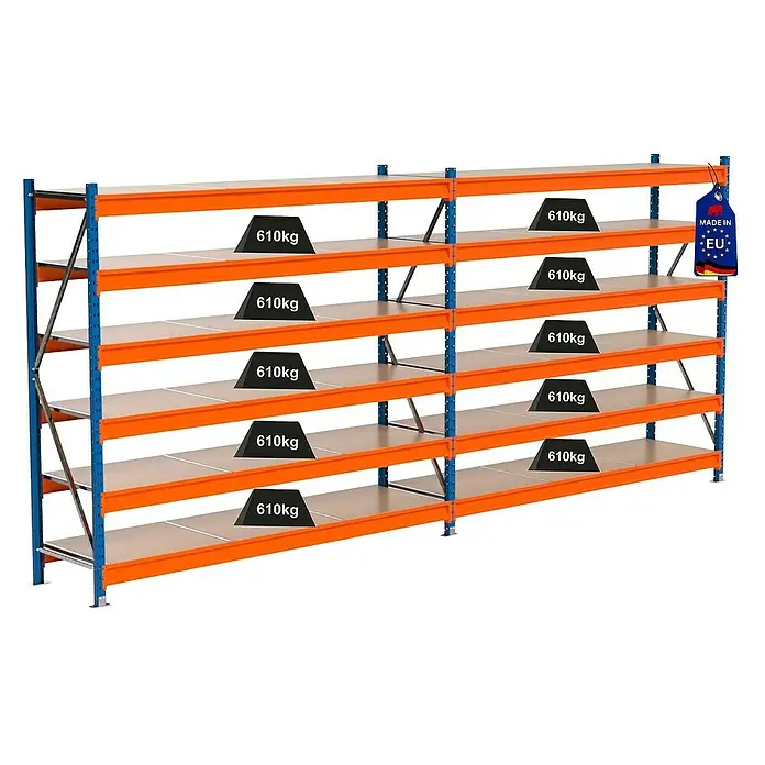 Proregal Schwerlastregal Industrie Weitspannregal MAXIMUS Pro - H x B x T: 200 x 460 x 60 cm, Traglast pro Boden: 610 kg, Anzahl Böden: 6 Stk., Stecken, Blau/Orange