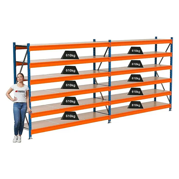 Proregal Schwerlastregal Industrie Weitspannregal MAXIMUS Pro - H x B x T: 200 x 460 x 60 cm, Traglast pro Boden: 610 kg, Anzahl Böden: 6 Stk., Stecken, Blau/Orange