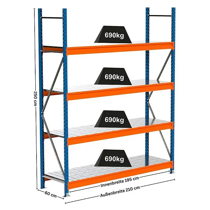 Proregal Schwerlastregal Industrie Weitspannregal MAXIMUS Pro - H x B x T: 250 x 210 x 60 cm, Traglast pro Boden: 690 kg, Anzahl Böden: 4 Stk., Stecken, Blau/Orange