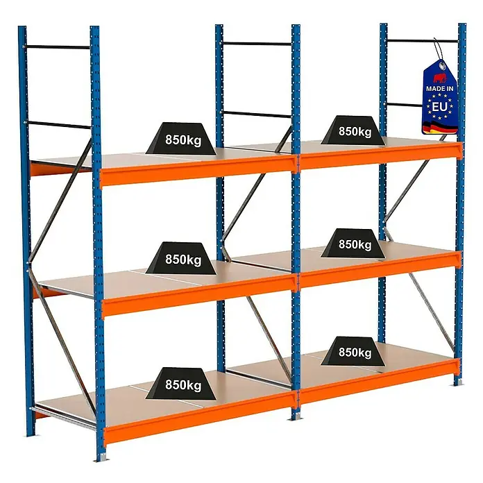 Proregal Schwerlastregal Industrie Weitspannregal MAXIMUS Pro - H x B x T: 250 x 310 x 80 cm, Traglast pro Boden: 850 kg, Anzahl Böden: 3 Stk., Stecken, Blau/Orange