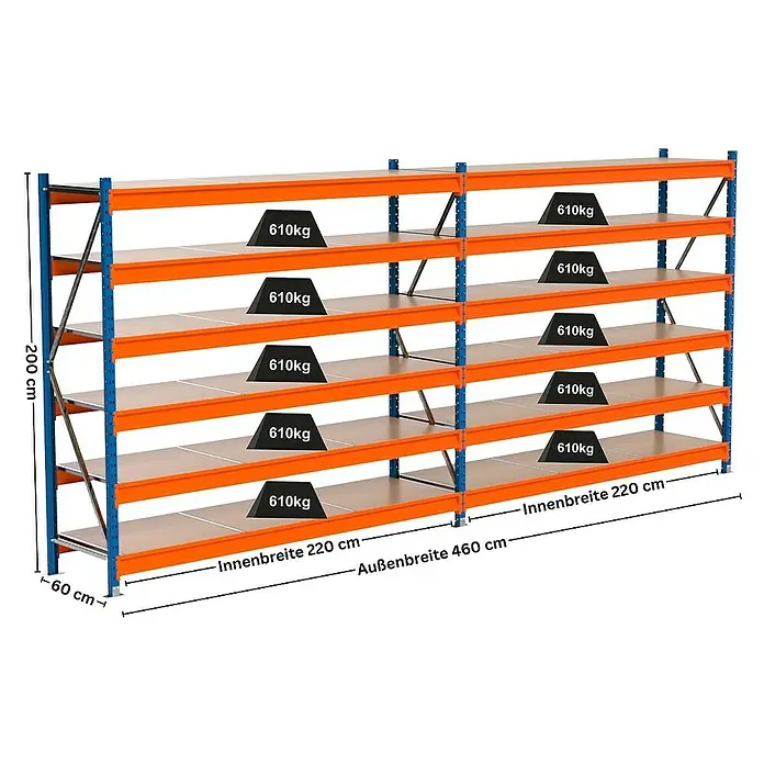 Proregal Schwerlastregal Industrie Weitspannregal MAXIMUS Pro - H x B x T: 200 x 460 x 60 cm, Traglast pro Boden: 610 kg, Anzahl Böden: 6 Stk., Stecken, Blau/Orange