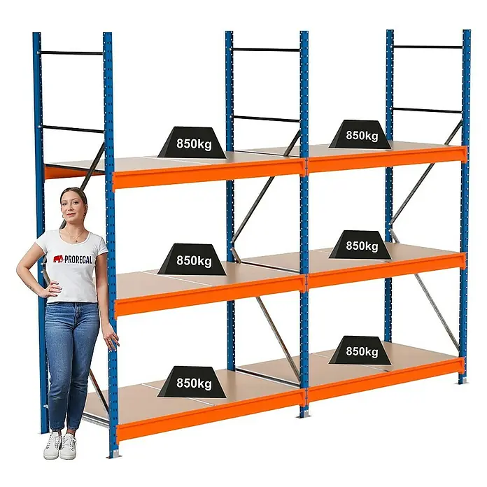 Proregal Schwerlastregal Industrie Weitspannregal MAXIMUS Pro - H x B x T: 250 x 310 x 80 cm, Traglast pro Boden: 850 kg, Anzahl Böden: 3 Stk., Stecken, Blau/Orange