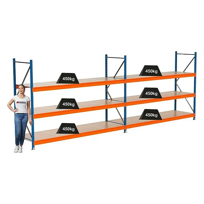 Proregal Schwerlastregal Industrie Weitspannregal MAXIMUS Pro - H x B x T: 200 x 560 x 80 cm, Traglast pro Boden: 450 kg, Anzahl Böden: 3 Stk., Stecken, Blau/Orange