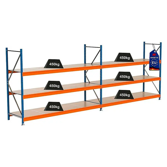 Proregal Schwerlastregal Industrie Weitspannregal MAXIMUS Pro - H x B x T: 200 x 560 x 80 cm, Traglast pro Boden: 450 kg, Anzahl Böden: 3 Stk., Stecken, Blau/Orange