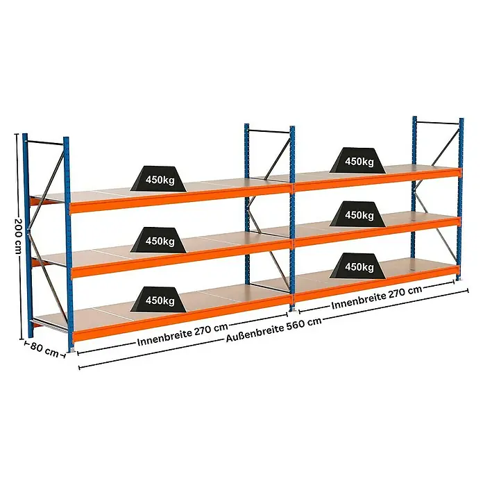Proregal Schwerlastregal Industrie Weitspannregal MAXIMUS Pro - H x B x T: 200 x 560 x 80 cm, Traglast pro Boden: 450 kg, Anzahl Böden: 3 Stk., Stecken, Blau/Orange