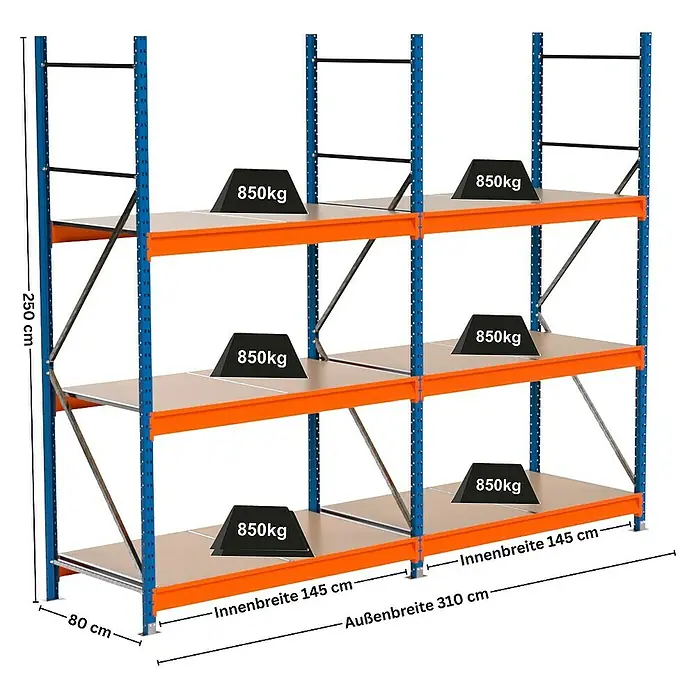 Proregal Schwerlastregal Industrie Weitspannregal MAXIMUS Pro - H x B x T: 250 x 310 x 80 cm, Traglast pro Boden: 850 kg, Anzahl Böden: 3 Stk., Stecken, Blau/Orange