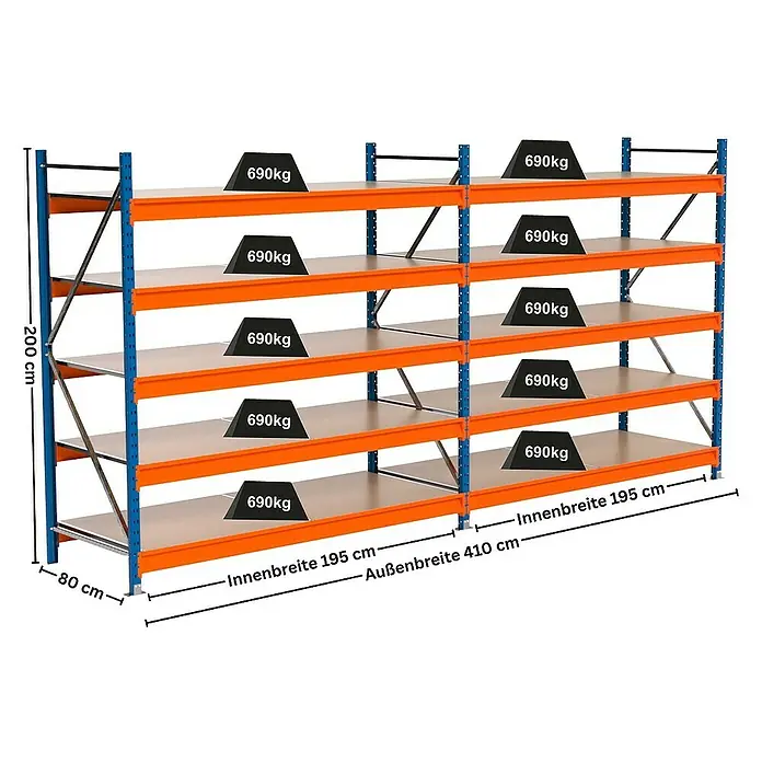 Proregal Schwerlastregal Industrie Weitspannregal MAXIMUS Pro - H x B x T: 200 x 410 x 80 cm, Traglast pro Boden: 690 kg, Anzahl Böden: 5 Stk., Stecken, Blau/Orange