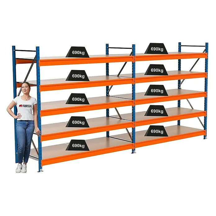 Proregal Schwerlastregal Industrie Weitspannregal MAXIMUS Pro - H x B x T: 200 x 410 x 80 cm, Traglast pro Boden: 690 kg, Anzahl Böden: 5 Stk., Stecken, Blau/Orange