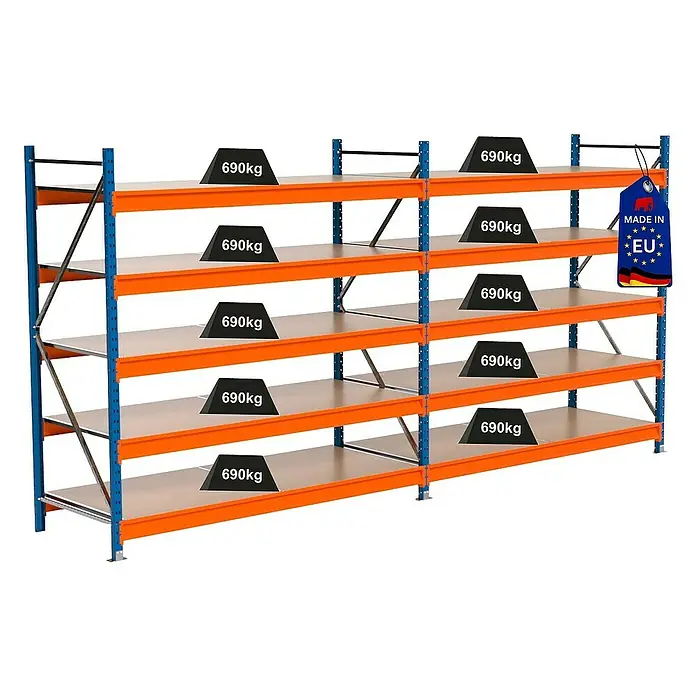 Proregal Schwerlastregal Industrie Weitspannregal MAXIMUS Pro - H x B x T: 200 x 410 x 80 cm, Traglast pro Boden: 690 kg, Anzahl Böden: 5 Stk., Stecken, Blau/Orange