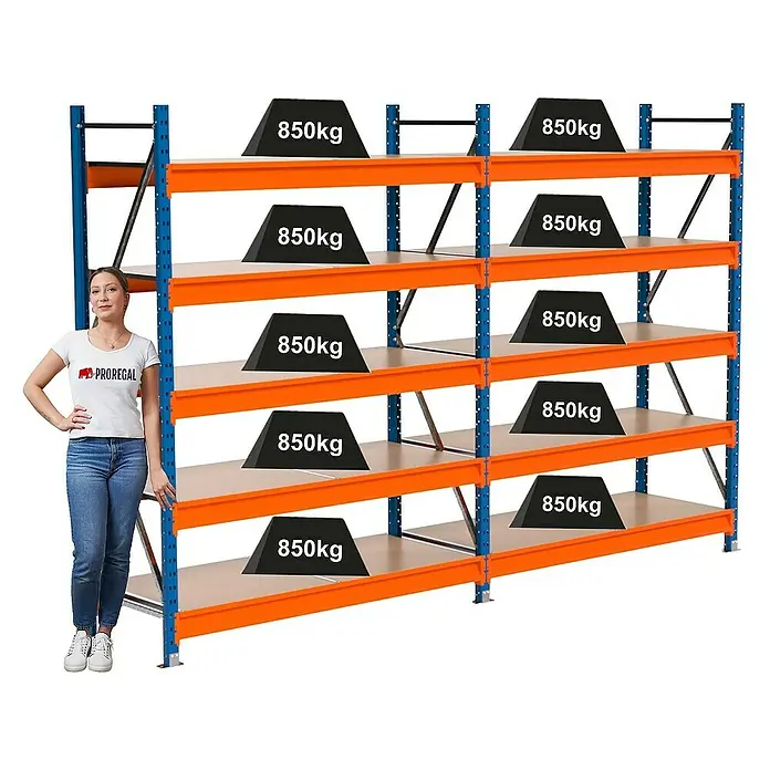 Proregal Schwerlastregal Industrie Weitspannregal MAXIMUS Pro - H x B x T: 200 x 310 x 60 cm, Traglast pro Boden: 850 kg, Anzahl Böden: 5 Stk., Stecken, Blau/Orange