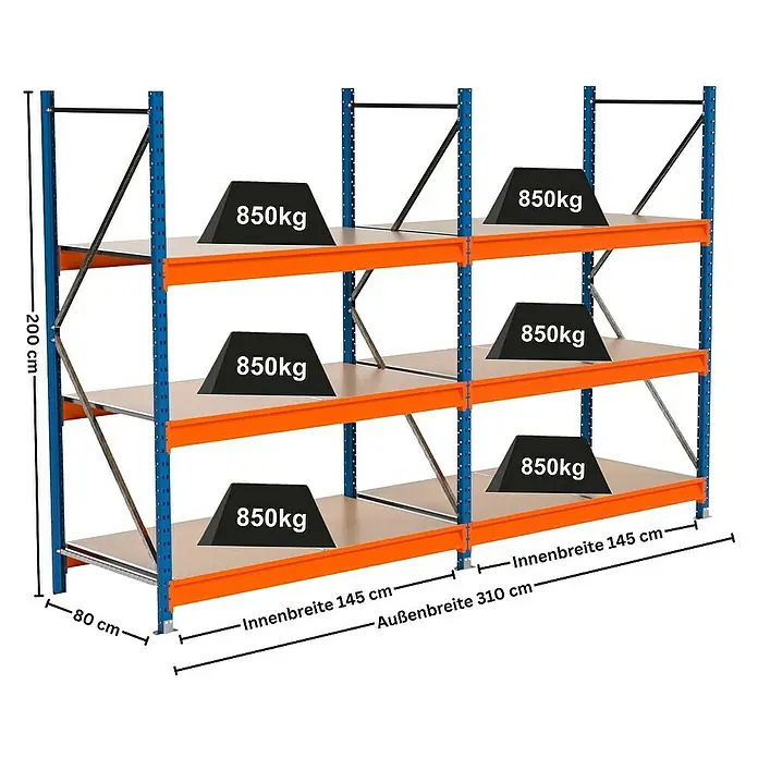 Proregal Schwerlastregal Industrie Weitspannregal MAXIMUS Pro - H x B x T: 200 x 310 x 80 cm, Traglast pro Boden: 850 kg, Anzahl Böden: 3 Stk., Stecken, Blau/Orange