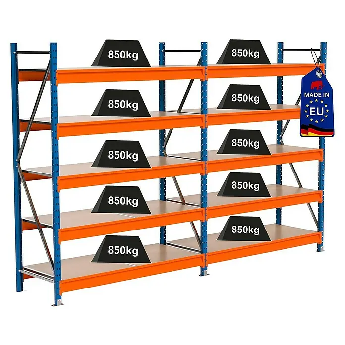 Proregal Schwerlastregal Industrie Weitspannregal MAXIMUS Pro - H x B x T: 200 x 310 x 60 cm, Traglast pro Boden: 850 kg, Anzahl Böden: 5 Stk., Stecken, Blau/Orange