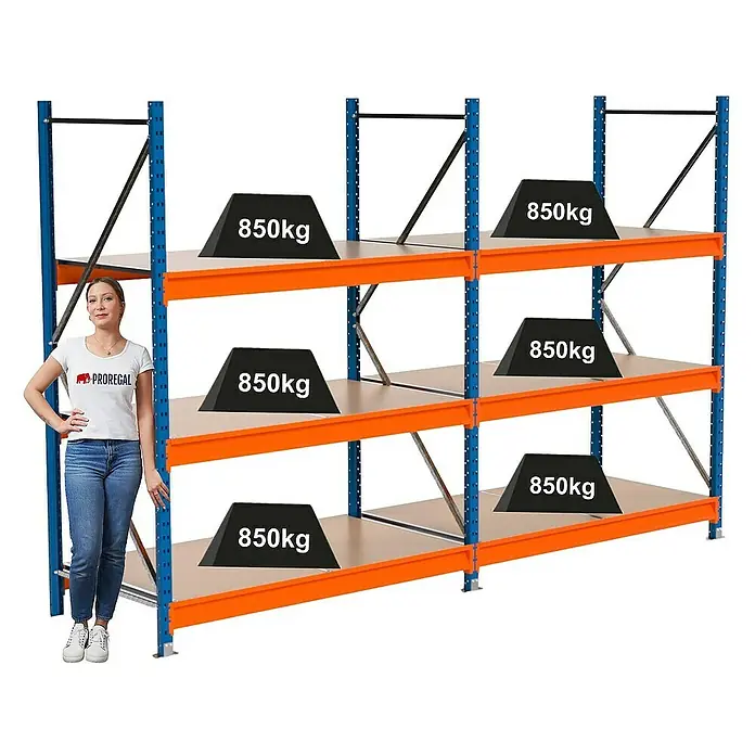 Proregal Schwerlastregal Industrie Weitspannregal MAXIMUS Pro - H x B x T: 200 x 310 x 80 cm, Traglast pro Boden: 850 kg, Anzahl Böden: 3 Stk., Stecken, Blau/Orange