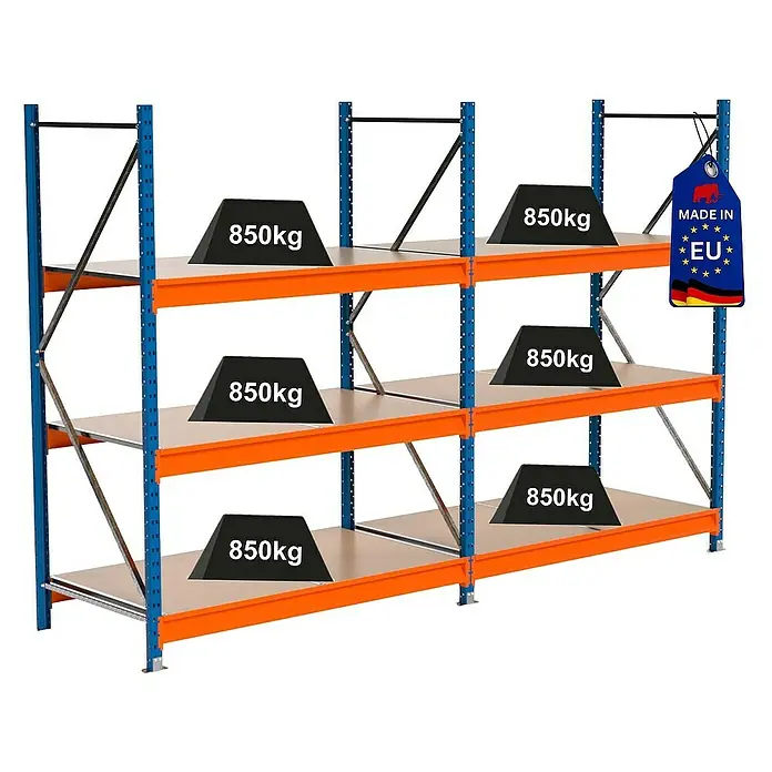 Proregal Schwerlastregal Industrie Weitspannregal MAXIMUS Pro - H x B x T: 200 x 310 x 80 cm, Traglast pro Boden: 850 kg, Anzahl Böden: 3 Stk., Stecken, Blau/Orange