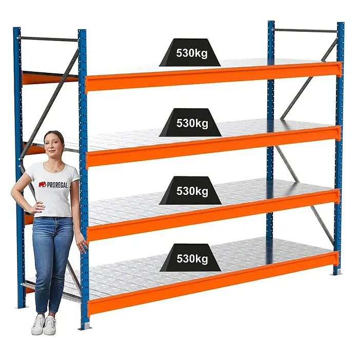 Proregal Schwerlastregal Industrie Weitspannregal MAXIMUS Pro - H x B x T: 200 x 260 x 80 cm, Traglast pro Boden: 530 kg, Anzahl Böden: 4 Stk., Stecken, Blau/Orange