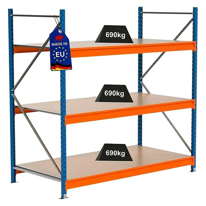 Proregal Schwerlastregal Industrie Weitspannregal MAXIMUS Pro - H x B x T: 200 x 210 x 100 cm, Traglast pro Boden: 690 kg, Anzahl Böden: 3 Stk., Stecken, Blau/Orange