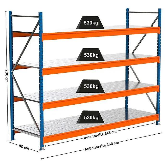 Proregal Schwerlastregal Industrie Weitspannregal MAXIMUS Pro - H x B x T: 200 x 260 x 80 cm, Traglast pro Boden: 530 kg, Anzahl Böden: 4 Stk., Stecken, Blau/Orange