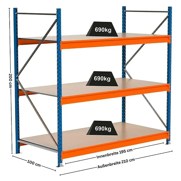 Proregal Schwerlastregal Industrie Weitspannregal MAXIMUS Pro - H x B x T: 200 x 210 x 100 cm, Traglast pro Boden: 690 kg, Anzahl Böden: 3 Stk., Stecken, Blau/Orange