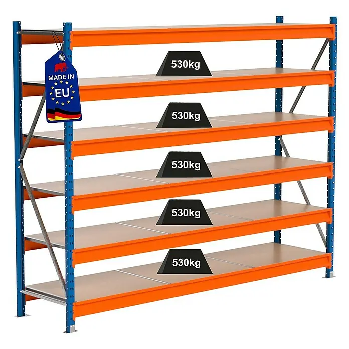 Proregal Schwerlastregal Industrie Weitspannregal MAXIMUS Pro - H x B x T: 200 x 260 x 60 cm, Traglast pro Boden: 530 kg, Anzahl Böden: 6 Stk., Stecken, Blau/Orange