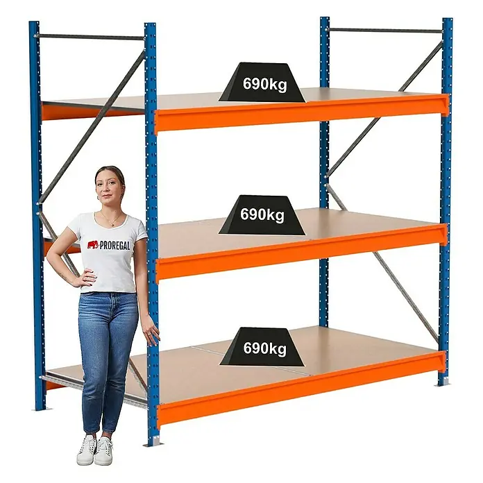 Proregal Schwerlastregal Industrie Weitspannregal MAXIMUS Pro - H x B x T: 200 x 210 x 100 cm, Traglast pro Boden: 690 kg, Anzahl Böden: 3 Stk., Stecken, Blau/Orange