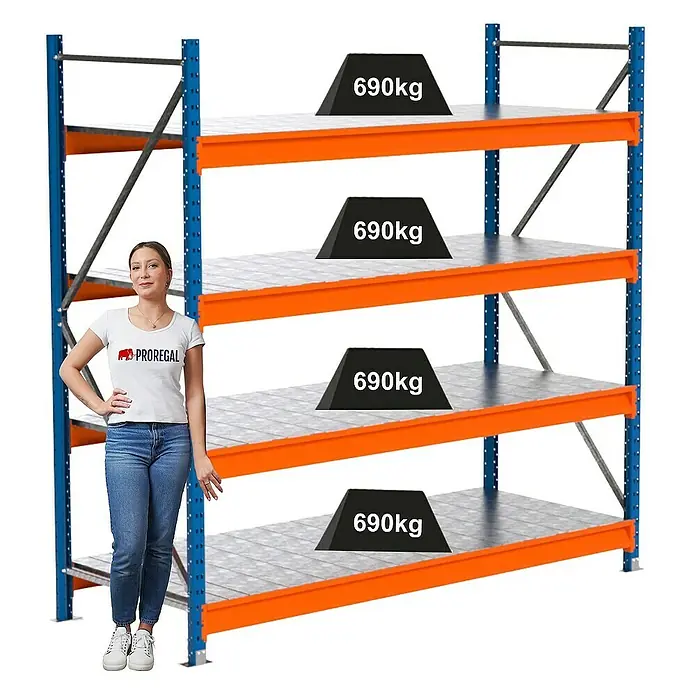 Proregal Schwerlastregal Industrie Weitspannregal MAXIMUS Pro - H x B x T: 200 x 210 x 80 cm, Traglast pro Boden: 690 kg, Anzahl Böden: 4 Stk., Stecken, Blau/Orange