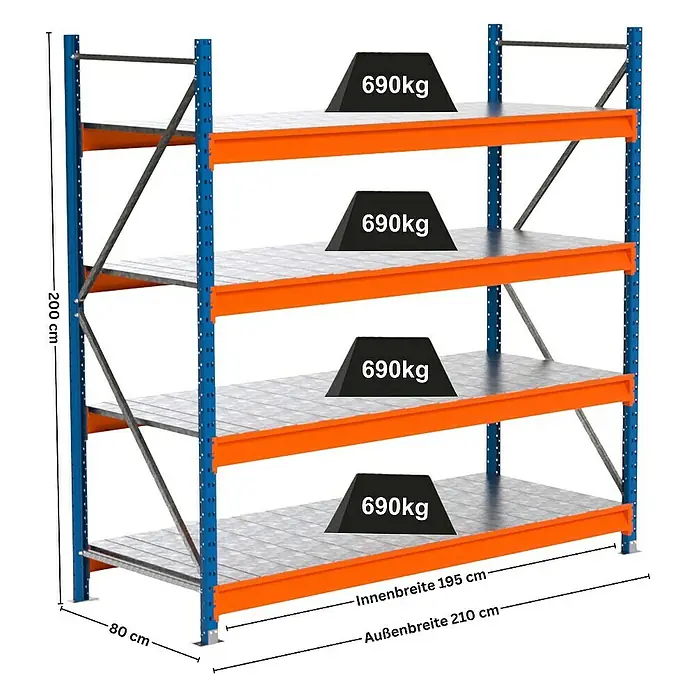 Proregal Schwerlastregal Industrie Weitspannregal MAXIMUS Pro - H x B x T: 200 x 210 x 80 cm, Traglast pro Boden: 690 kg, Anzahl Böden: 4 Stk., Stecken, Blau/Orange