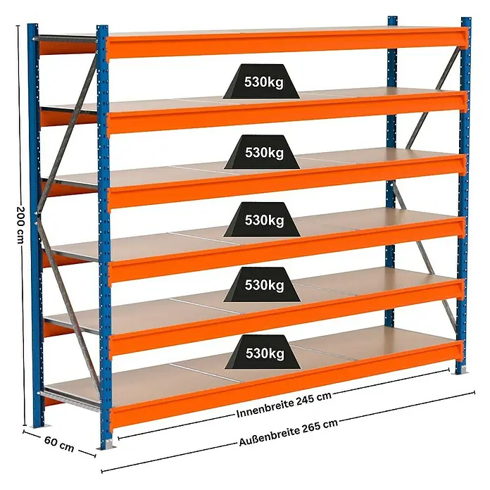 Proregal Schwerlastregal Industrie Weitspannregal MAXIMUS Pro - H x B x T: 200 x 260 x 60 cm, Traglast pro Boden: 530 kg, Anzahl Böden: 6 Stk., Stecken, Blau/Orange