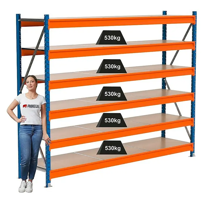 Proregal Schwerlastregal Industrie Weitspannregal MAXIMUS Pro - H x B x T: 200 x 260 x 60 cm, Traglast pro Boden: 530 kg, Anzahl Böden: 6 Stk., Stecken, Blau/Orange