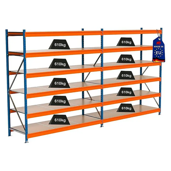 Proregal Schwerlastregal Industrie Weitspannregal MAXIMUS Pro - H x B x T: 250 x 460 x 80 cm, Traglast pro Boden: 610 kg, Anzahl Böden: 6 Stk., Stecken, Blau/Orange