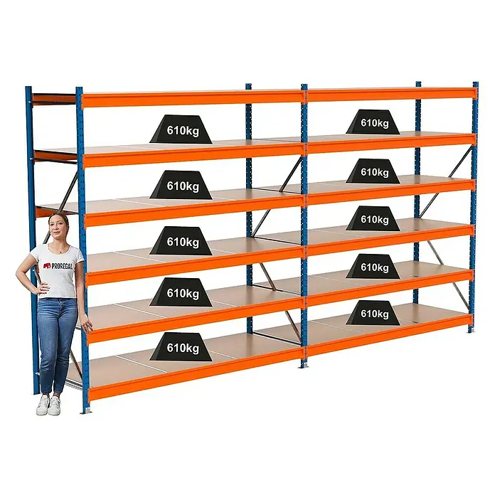 Proregal Schwerlastregal Industrie Weitspannregal MAXIMUS Pro - H x B x T: 250 x 460 x 80 cm, Traglast pro Boden: 610 kg, Anzahl Böden: 6 Stk., Stecken, Blau/Orange