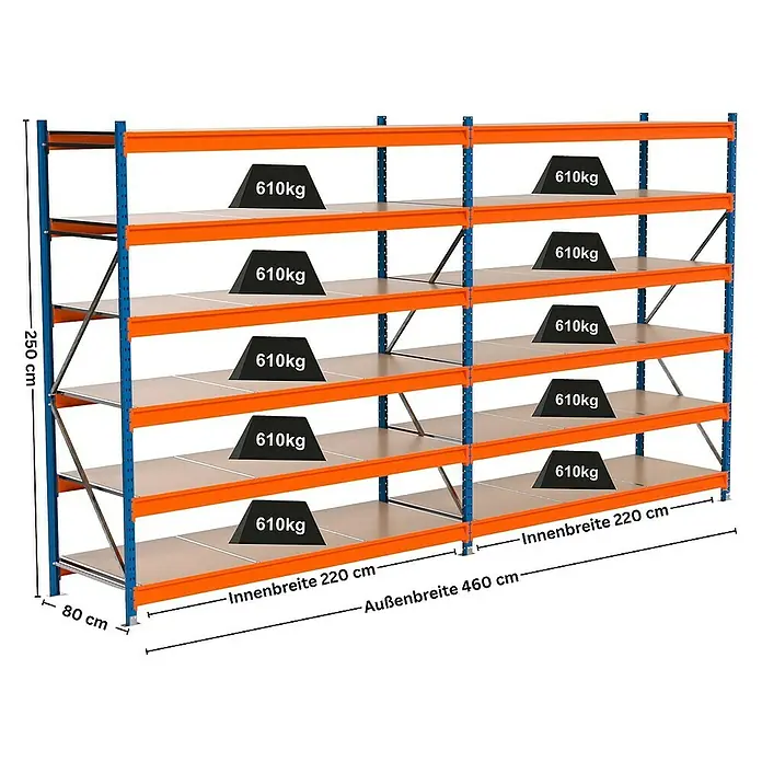 Proregal Schwerlastregal Industrie Weitspannregal MAXIMUS Pro - H x B x T: 250 x 460 x 80 cm, Traglast pro Boden: 610 kg, Anzahl Böden: 6 Stk., Stecken, Blau/Orange