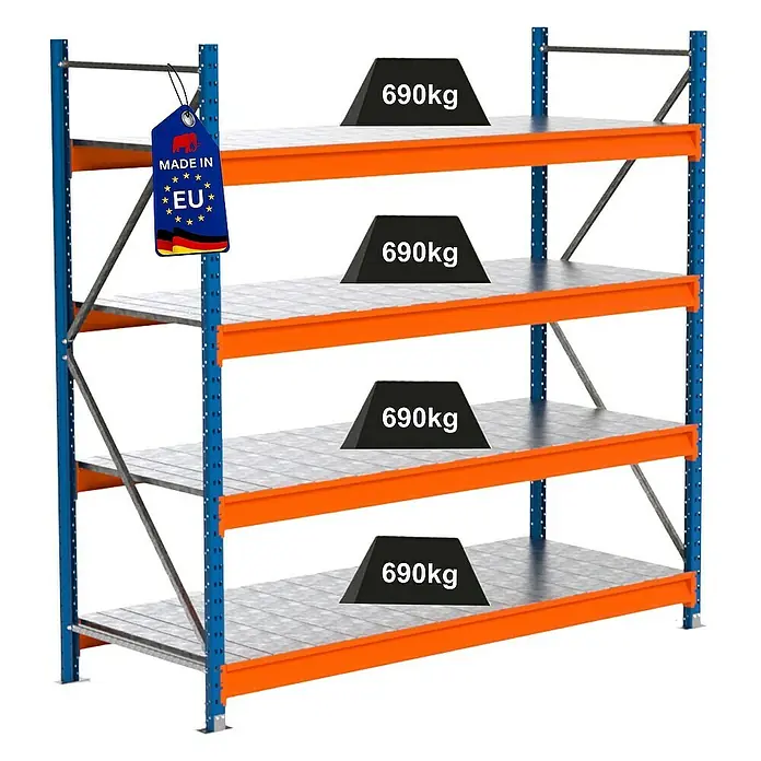 Proregal Schwerlastregal Industrie Weitspannregal MAXIMUS Pro - H x B x T: 200 x 210 x 80 cm, Traglast pro Boden: 690 kg, Anzahl Böden: 4 Stk., Stecken, Blau/Orange