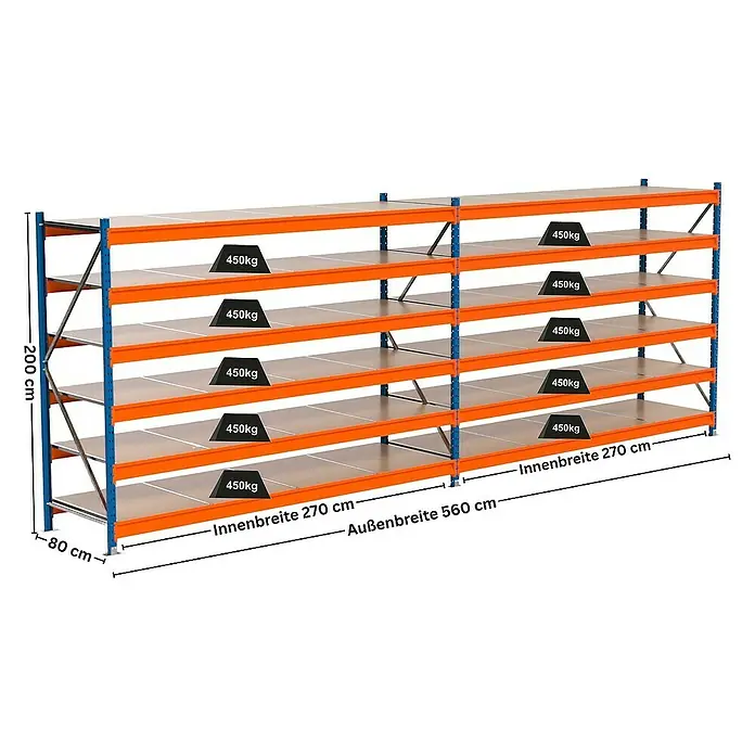 Proregal Schwerlastregal Industrie Weitspannregal MAXIMUS Pro - H x B x T: 200 x 560 x 80 cm, Traglast pro Boden: 450 kg, Anzahl Böden: 6 Stk., Stecken, Blau/Orange