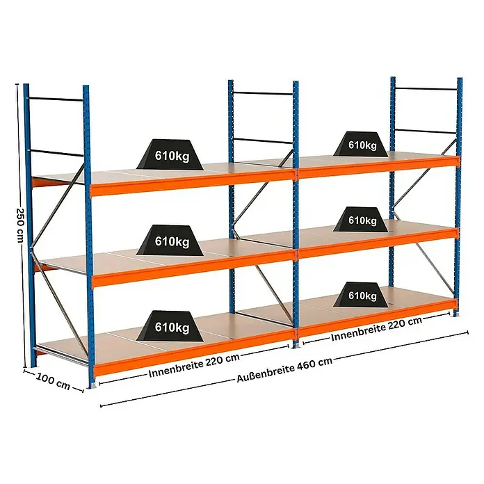Proregal Schwerlastregal Industrie Weitspannregal MAXIMUS Pro - H x B x T: 250 x 460 x 100 cm, Traglast pro Boden: 610 kg, Anzahl Böden: 3 Stk., Stecken, Blau/Orange