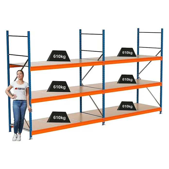 Proregal Schwerlastregal Industrie Weitspannregal MAXIMUS Pro - H x B x T: 250 x 460 x 100 cm, Traglast pro Boden: 610 kg, Anzahl Böden: 3 Stk., Stecken, Blau/Orange