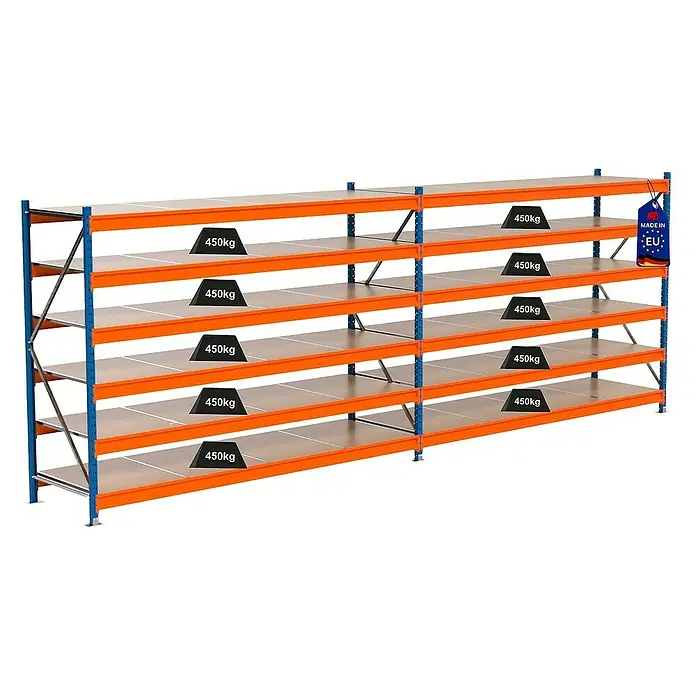 Proregal Schwerlastregal Industrie Weitspannregal MAXIMUS Pro - H x B x T: 200 x 560 x 80 cm, Traglast pro Boden: 450 kg, Anzahl Böden: 6 Stk., Stecken, Blau/Orange