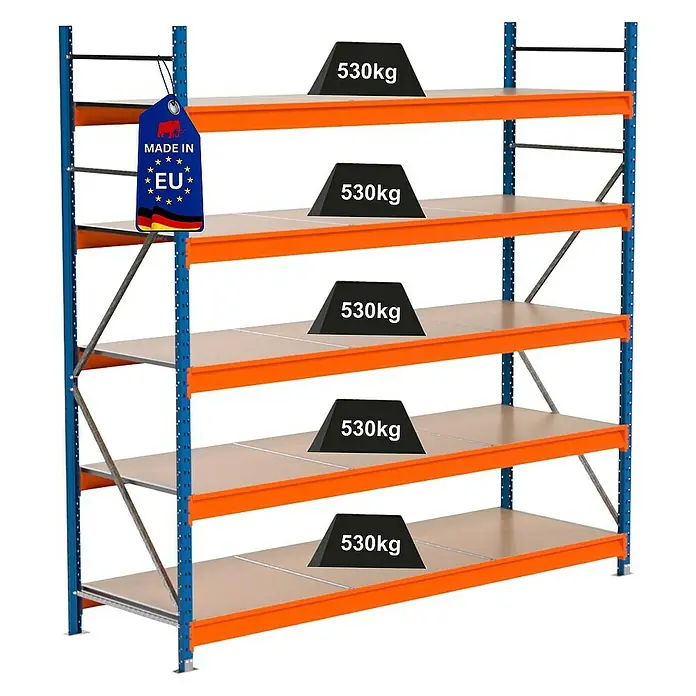 Proregal Schwerlastregal Industrie Weitspannregal MAXIMUS Pro - H x B x T: 250 x 260 x 80 cm, Traglast pro Boden: 530 kg, Anzahl Böden: 5 Stk., Stecken, Blau/Orange