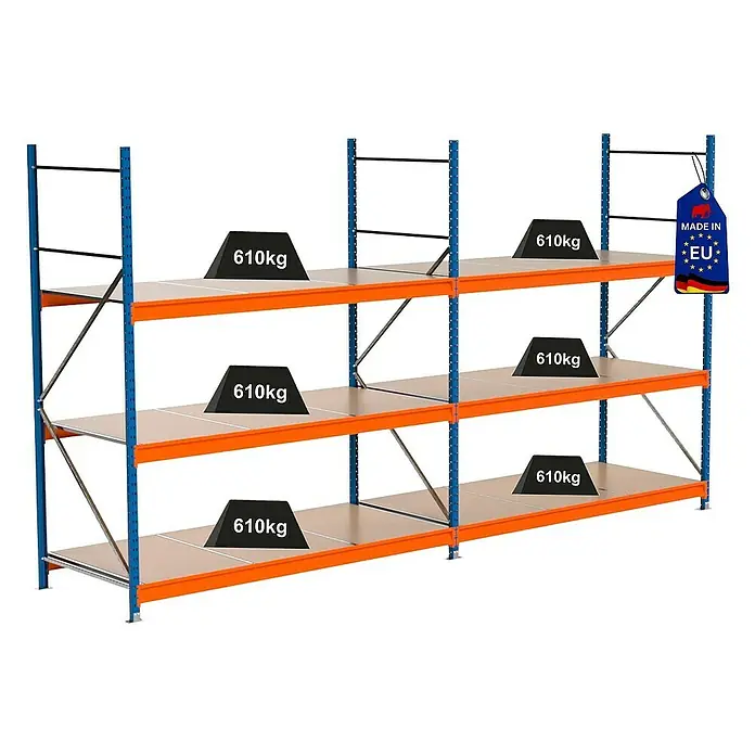Proregal Schwerlastregal Industrie Weitspannregal MAXIMUS Pro - H x B x T: 250 x 460 x 100 cm, Traglast pro Boden: 610 kg, Anzahl Böden: 3 Stk., Stecken, Blau/Orange