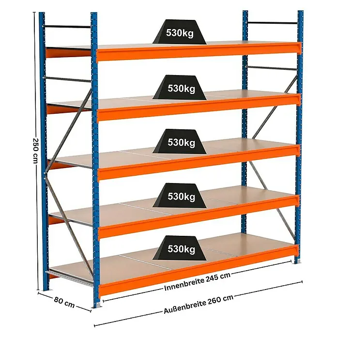 Proregal Schwerlastregal Industrie Weitspannregal MAXIMUS Pro - H x B x T: 250 x 260 x 80 cm, Traglast pro Boden: 530 kg, Anzahl Böden: 5 Stk., Stecken, Blau/Orange