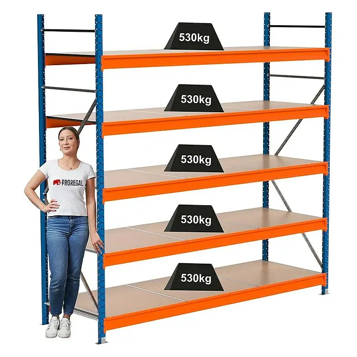 Proregal Schwerlastregal Industrie Weitspannregal MAXIMUS Pro - H x B x T: 250 x 260 x 80 cm, Traglast pro Boden: 530 kg, Anzahl Böden: 5 Stk., Stecken, Blau/Orange