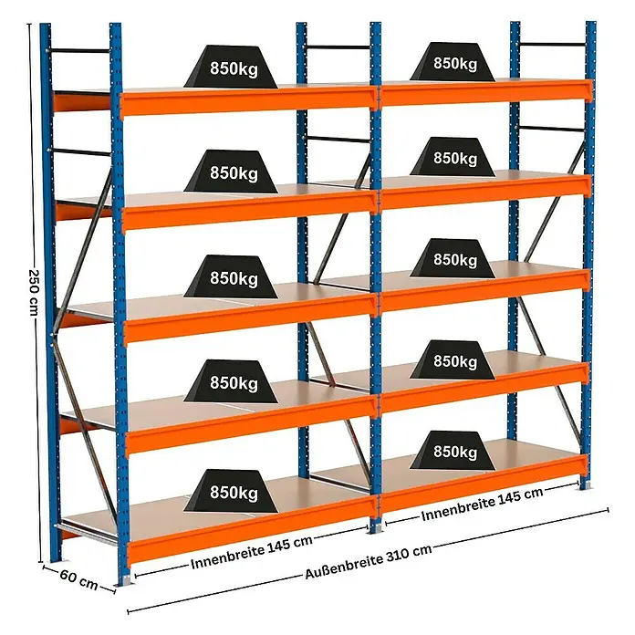 Proregal Schwerlastregal Industrie Weitspannregal MAXIMUS Pro - H x B x T: 250 x 310 x 60 cm, Traglast pro Boden: 850 kg, Anzahl Böden: 5 Stk., Stecken, Blau/Orange